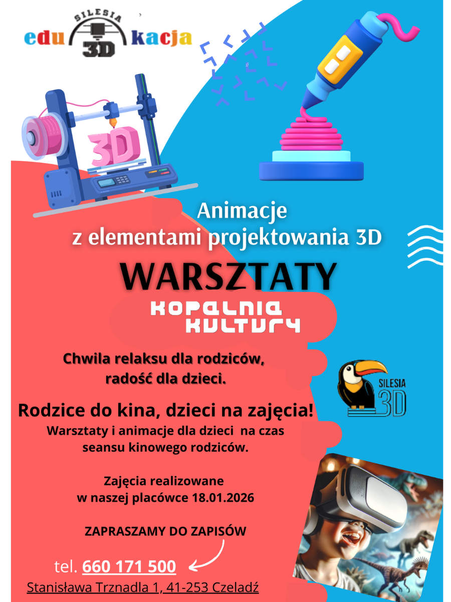Plakat animacji z elementami projektowania 3D. Kolory różowy i niebieski.